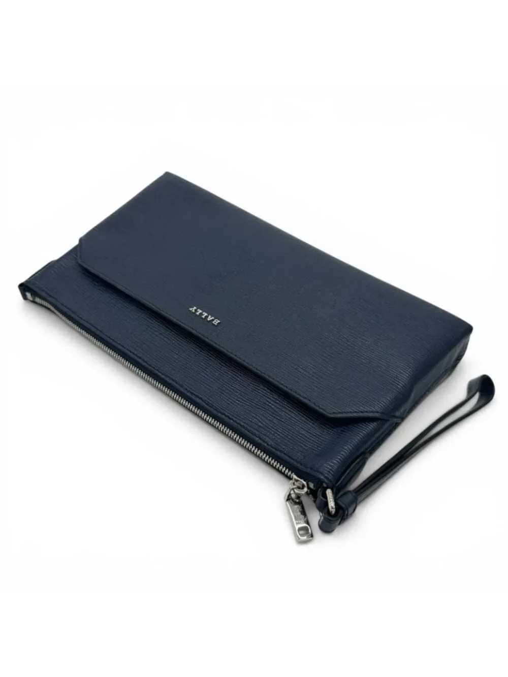 Bvlgari Bally Leddon Logo Leather Clutch Navy Silver